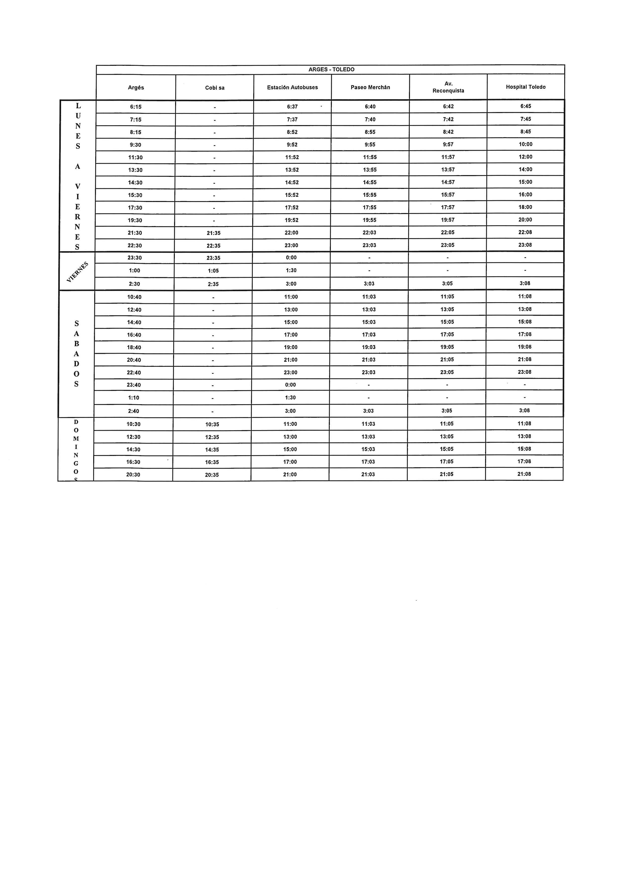 HORARIOS ASTRA ARGÉS - TOLEDO